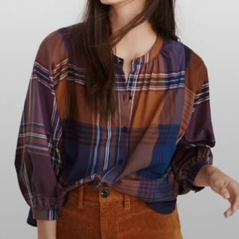 Madewell plaid pleasant Top Blouse Button Down Purple Blue Sz XXS